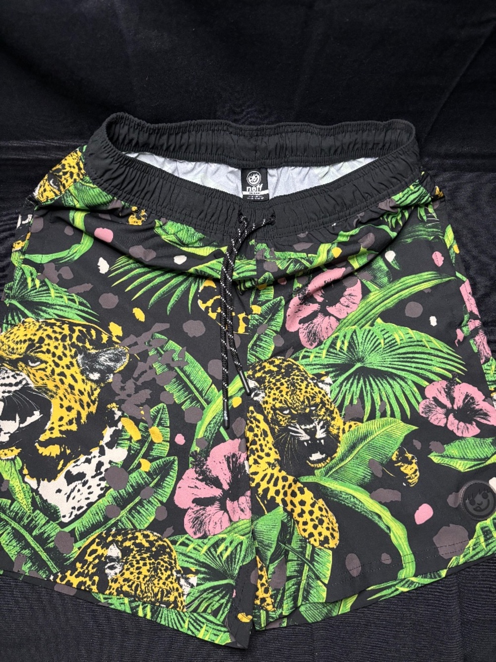 Neff Men’s Medium Swim Trunks Tropical Leopard Jungle Floral Board Shorts